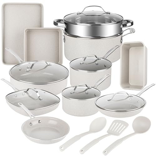 Granitestone 20 Pc Ceramic Cookware Set Nonstick, Complete Pots and Pans Set Non Stick for Kitchen with Bakeware, Cooking Utensils & Steamer, Non Toxic Made Without PFOA PFOS, Oven & Dishwasher Safe