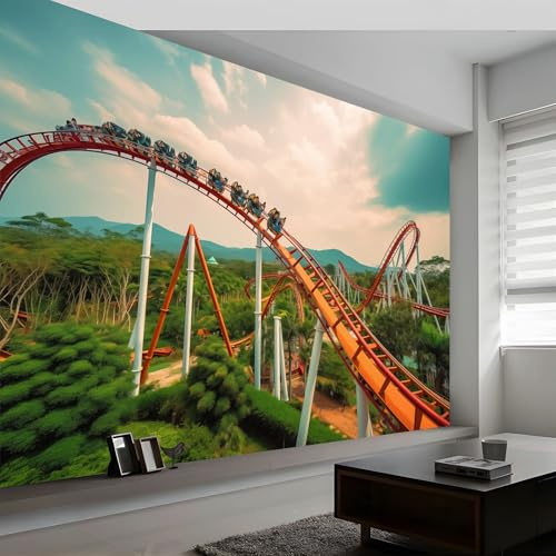 Aerial Adventure Wall Mural Wallpaper, Custom Forest Amusement Park Roller Coaster Pattern Panoramic Wallpaper for Children's Room, Large Wall Mural for Living Room Bedroom Office, 250 x 175 cm