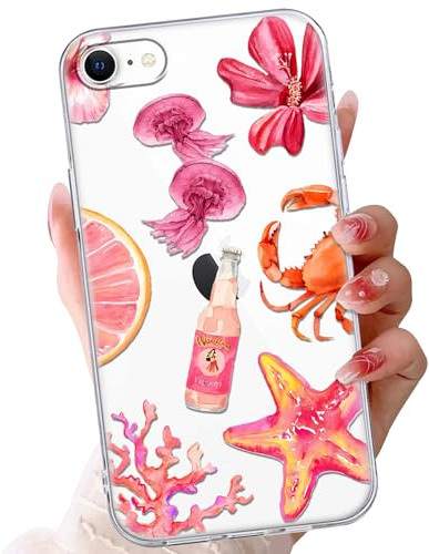 Transparent Coque pour iPhone 7/iPhone 8/iPhone SE 2022/2020 4.7'', Beau Méduse Crabe Corail Sea Motif Aesthetic Style de Plage D'été Étui Protection Housse de Silicone TPU Antichoc Bumper Phone Case