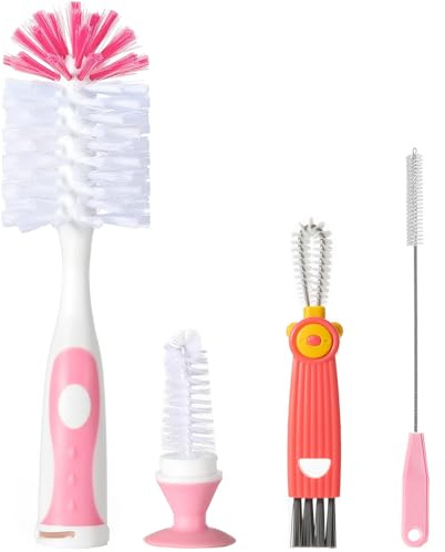 4-in-1 Baby Bottle Brush Set, Pink | Scratch-Free Nylon Bottle Cleaner Set including Teat Cleaner and Straw Brushes for Baby Cups, BPA Free Materials