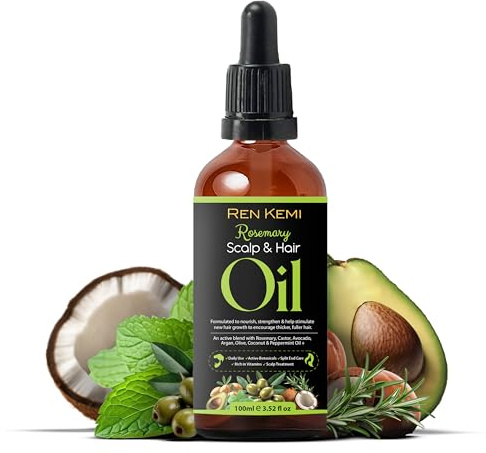 Ren Kemi - Rosemary Scalp & Hair Oil – Thicker, Fuller, Stronger Hair – Nourishing Treatment with Rosemary Oil, Castor, Jojoba, Sweet Almond & Peppermint - 100% Natural - All Hair Types – 100ml