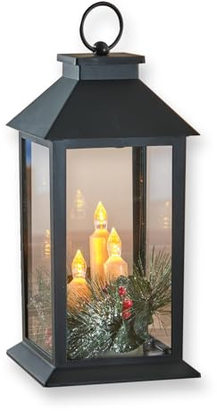 Coopers of Stortford - LED Lantern with Flickering Flame Candles - Vintage Style Indoor Light with Festive Floral Display - Battery Powered