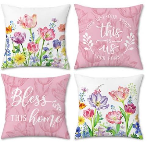 Bonhause Kissenbezüge 45 x 45 cm Tulpen Blume Rosa Dekorative Kissenhülle Samt Soft Zierkissenbezüge für Sofa Schlafzimmer Auto Zuhause Dekoration 4er Set