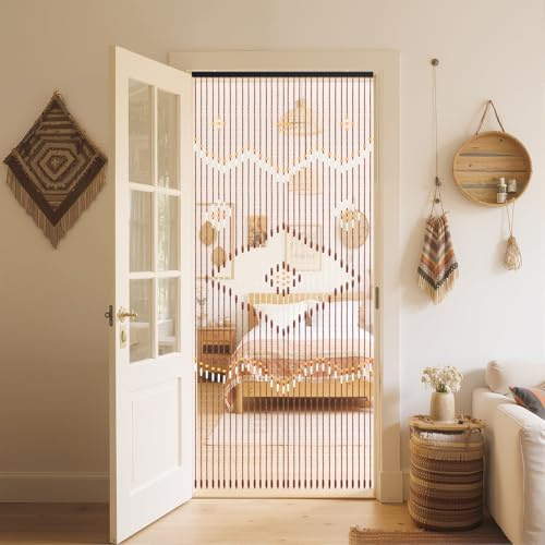 Bambus Türvorhang 90×208cm, Boho Perlenvorhang aus Holz & Bambus, Handgefertigt mit 2 Aufhängeösen, Sonnenschutz & Luftzirkulation, Deko für Wohnzimmer Schlafzimmer Eingang Balkon