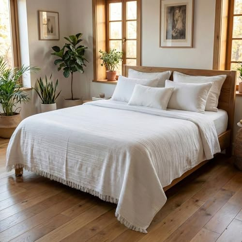 Loomvia Leichte Bettüberwurf & Tagesdecke 240x260 cm, 215 GSM, seidig weich Sommerdecke, Überwurf für Bett & Sofa, aus Baumwolle & Bambusviskose - Pflegeinfos unter Info zu diesem Artikel - Ecru