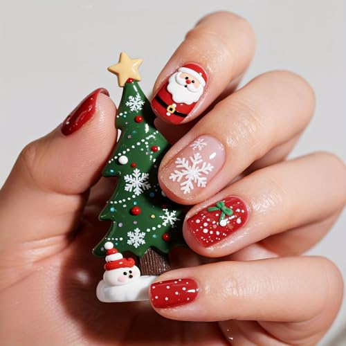 24Pcs Christmas False Nails - Short Square Christmas Press on Nails - Strong Glue Stick on Nails with Cute Santa & Snow Designs - Long-lasting Decoration for Women