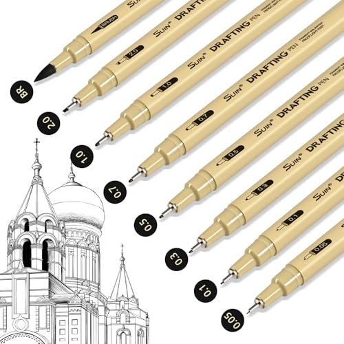 SUIN 8-teiliges schwarzes Fineliner-Stifte-Set, wasserdichte Archivtinte für technische Zeichenstifte (0,05 bis 2 mm + Pinsel) für Kunst, Skizzieren, Bullet Journaling, Illustration & Schreiben