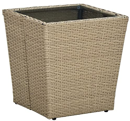 Teenpull Beistelltisch Beige 41,5x41,5x44 cm, Poly Rattan und Hartglas, robuster Outdoor Tisch für Terrasse, Garten, Balkon, wetterfestes Outdoor Möbelstück