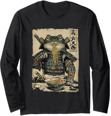 Vintage Frog Samurai Eating Ramen Japanese Design Long Sleeve T-Shirt