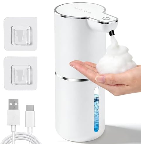Dispenser Sapone Automatico, 350ML Dispenser Sapone Bagno, Elettrico a Parete Senza Contatto, Ricaricabile via USB IPX5 Impermeabile, per Bagno, Cucina, Ufficio Bianco