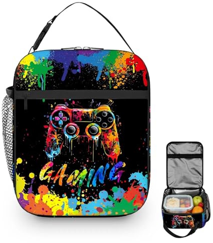 Gamer Lunch Bag, Waterproof Game Themed Lunch Bag for Kids, Heavy-Duty Polyester Boys Lunch Box, Portable Lunch Bag Boys for Travel Picnic Hiking, Reusable Kids Lunch Box for Outdoor Activities