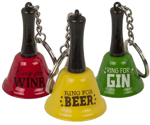 MIJOMA Metall Schlüsselanhänger 3er Set – Mini Glocke mit Aufdruck Ring for Wein Bier Gin – ca. 4,5 cm – Accessoire für Schlüsselbund, Tasche, Barabend