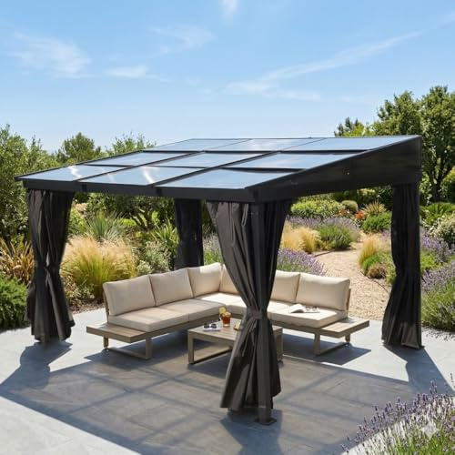 Jet-Line® Karoom - Gazebo di lusso in alluminio, 3 x 3,6 m, antracite, gazebo da giardino con tetto scorrevole in policarbonato, resistente alle intemperie e stabile, con tende e zanzariere