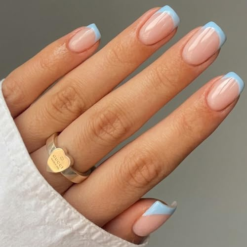 24Pcs Press on Nails Short, French Tip Fake Nails, Nail Tips & Stick on Nails for Women - Short Square False Nails, Baby Blue Elegant French Manicure for Everyday, Work, Wedding & Party