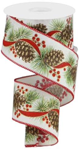 Weihnachtsband mit Draht – 5,1 cm x 9,1 m, Stechpalmen-Tannenzapfen und Mistelzweig, Geschenkverpackung, Kranz, Dekoration, Baumspitzen-Schleife, Girlande