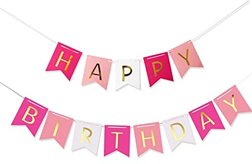 Voarge Happy Birthday Banner Girlande - Pink Rosa Weiß Gold Geburtstag Party Deko für Geburtstagsfeier Dekorationen