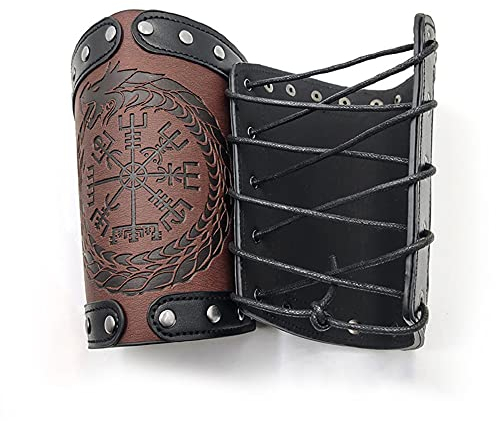 BBYOUTH Vikings Leder Arm Rüstung mit Geprägte Jormungandr & Vegvisir Herren Wristband Wikinger Fanartikel Cosplay Party Kostüm,Braun