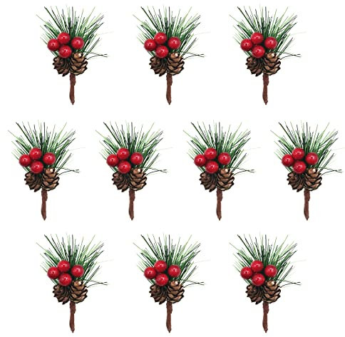 Cfythyab 10 PCS Artificial Pine Picks Christmas Pine Cones Berry Stems for Christmas Decorations, Crafts, Wreath, Garland