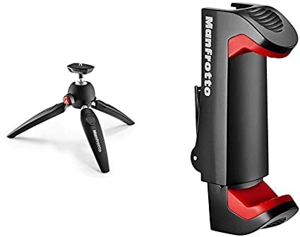 Manfrotto MTPIXIEVO-BK, PIXI EVO 2-Section Mini Tripod for Mirrorless cameras, Compact System Cameras, DSLR, Video, Compact Size, Aluminium & MCPIXI Universal Smartphone Clamp, Pro Version