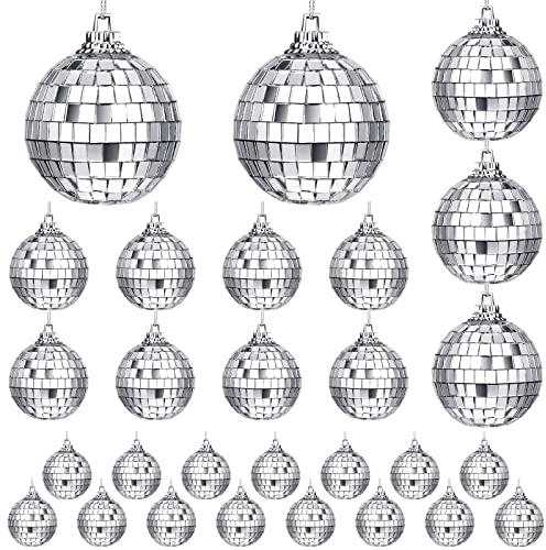 28 Stück DiscokugelOrnamente 70er Jahre reflektierende Spiegelkugel Dekorationen 60er Jahre Weihnachtskugeln Ornament Silber Weihnachtsbaum hängende Kugeln mit Befestigungsband für Home Bühne