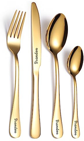 Shumei Lot de 4 Couverts pour en Acier Inoxydable avec Gravure personnalisée - pour écrire Votre Propre Texte personnalisé - Cadeau x Fourchette, 1 Couteau de Table sûr, 1 cuillère à Dessert