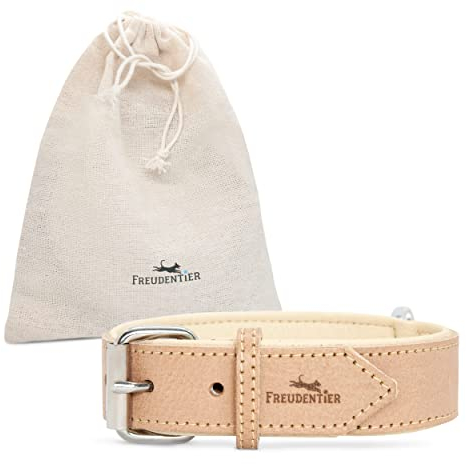 FREUDENTIER® Hundehalsband aus Leder, Made in EU, gefüttert & super komfortabel, hochwertiges breites Lederhalsband aus Vollnarbenleder, Model “Amstelpark” (32-42cm Halsumfang, Sand)