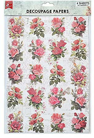 Little Birdie Decoupage-Papier, A4, 4 Stück, Rose Passion
