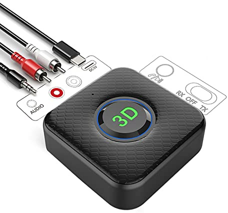 Bluetooth Adapter Auto Empfangen und Senden 2-in-1 Bluetooth-Adapter 3.5mm AUX/RCA Drahtloser KFZ Bluetooth 5.1 Empfänger für Kopfhörer Auto und Lautsprecher 3D -Soundeffekt