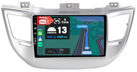 JOYX Android 13 IPS Autoradio für Hyundai Tucson (2014-2018) - Built-in DAB/DSP/Carplay/Android Auto - [4G+64G] - LED Kamera + MIC - WiFi-Lenkrad 360 Fast-Boot 4G AHD-Kamera - 9 Zoll 2 DIN