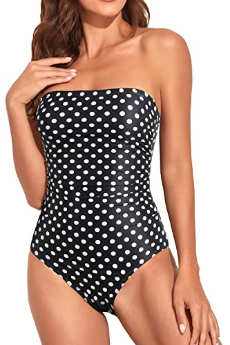 Holipick Women Tummy Control One Piece Swimsuits Strapless Bandeau Bathing Suits Slimming Halter Swimwear, Black Dot, S
