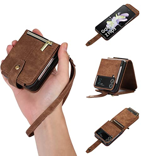 UEEBAI Hülle für Samsung Galaxy Z Flip 3 5G, 3 Kartenfäche Retro Leder Geldbörse Stoßfest Flip Case mit Handschlaufe Standfunktion Reißverschluss Handyhülle Magnetverschluss Wallet– Retro Braun
