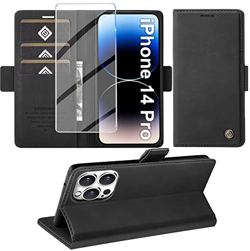 Giyer Handyhülle für iPhone 14 Pro Hülle mit Schutzfolie, Standfunktion Kartenfach Wallet Premium Leder Schutzhülle für iPhone 14 Pro 5G 6.1 Zoll Flip Case Cover Stoßfeste Klapphülle (Schwarz)