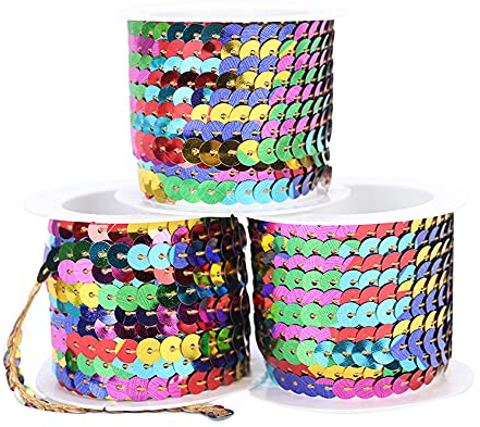 3 Roll 5m*5mm Pailletten Bänder Farbiges Glitzer Paillettenband Borten Rolle,Paillettenbesatz Applikation Paillettenband Stretch Paillettenbesatz,für Schmuckherstellung,Bandherstellung,Kostüme,Bunt