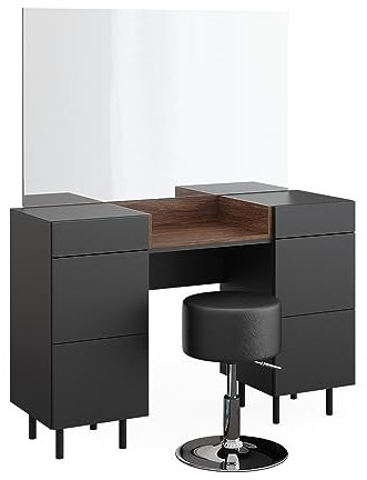 Vicco Schminktisch Anika, Kosmetiktisch mit Spiegel, Anthrazit/Nussbaum, 120 cm mit Hocker