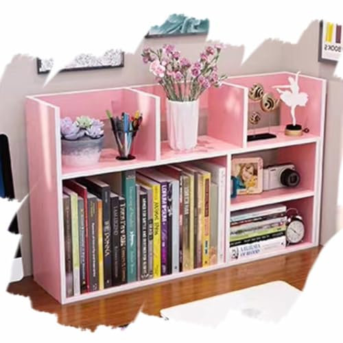 KADEUX Desktop-Display-Regal für Büro, 2-stöckiges Holzregal, Arbeitsplattenaufbewahrung, Bücherregal, einfaches Computertisch-Bücherregal (Farbe: Rosa)