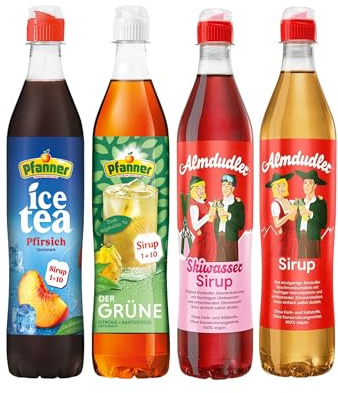 Sirup Probierpaket 4 x 700ml - 1x Pfanner der Grüne + 1x Pfanner Eistee Pfirsich + 1x Almdudler Original + 1x Almdudler Himbeere-Zitrone - Erfrischende Vielfalt für Genießer