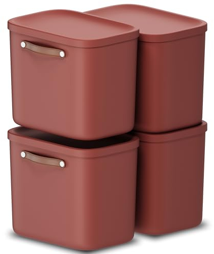 Rotho Maloja Aufbewahrungsbox mit Deckel 4er-Set 25 L aus Kunststoff Rot | Aufbewahrungsboxen, stapelbar, mit ergonomischen Griffen, bis 40 kg Tragkraft je Box, aus 97 % recyceltem Kunststoff