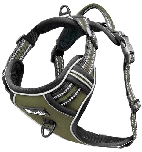 bluzelle Hundegeschirr für große Hunde, Reflektierendes Brustgeschirr mit Griff & Tasche für GPS Tracker, Anti-Zug Hundeweste Hund-Warnweste, Atmungsaktiv Reflektor-Gurte, XL, Oliv Grün
