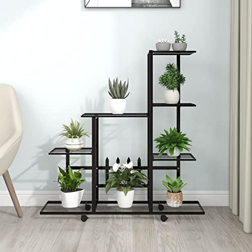 Mengtu Blumenständer auf Rollen Blumenregal Pflanzenständer Pflanzenregal Blumenbank Blumentreppe Pflanzentreppe für Wohnzimmer Balkon 94,5x25x92,5 cm Schwarz Metall Garten Möbel