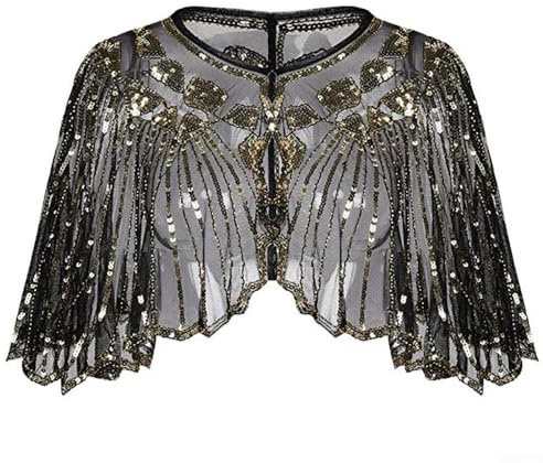 CulinaBlend Vintage Boutique Schal mit Perlen und Pailletten, 1920er-Jahre, Retro-Stil, für Abendveranstaltungen, Party, Umhang, Überwurf, Brautkleid, Hochzeit, Party (Schwarz + Aprikose)