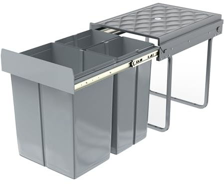 NAIZY Sistema de separación de basura extensible para cocina, 3 compartimentos, armario con rieles telescópicos y tapa, cubo de basura para eliminación de basura (2 x 10 + 1 x 20 L)