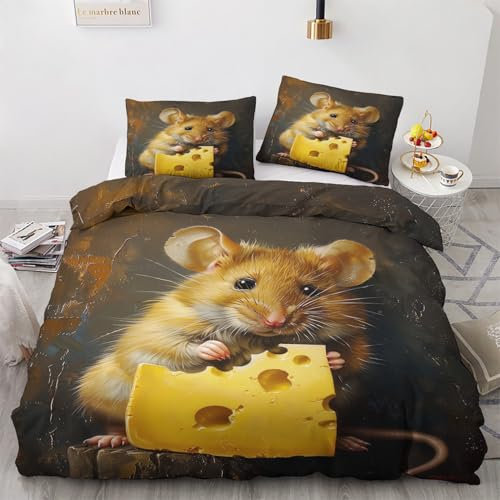 Generisch Maus Deko - Winter Bettwäsche 135x200 Maus, Süße Ratte Bettbezug 135 x 200 2er Set mit 1 Kissenbezug 80x80, Weiche Mikrofaser Winterbettwäsche mit Reißverschluss H*&44