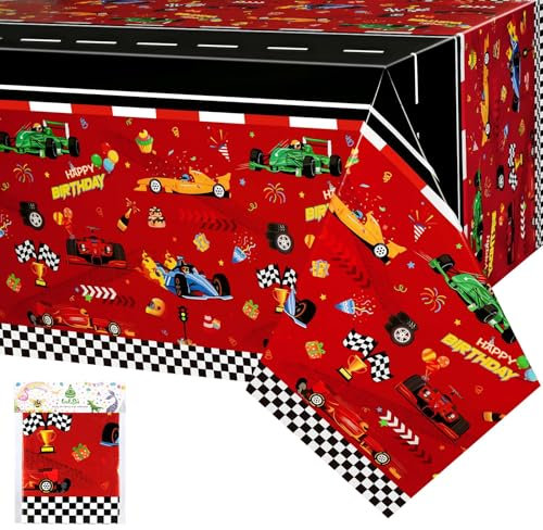 WERNNSAI Rennwagen Tischdecke – 1 Stück 137 x 274 cm rechteckige Rennstrecken Tischdecke Auto Thema Geburtstagsdekoration rote Rennwagen Tischdecke für Kindergeburtstagspartys für Jungen