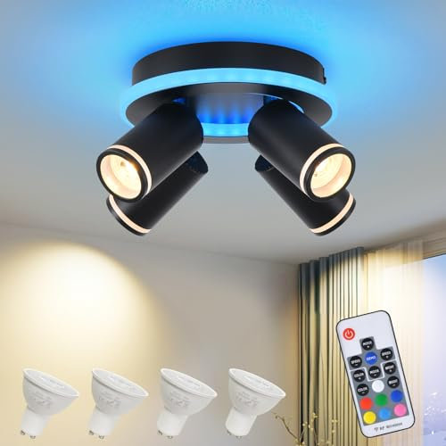 Deckenlampe LED Dimmbar mit Fernbedienung,RGB Farbwechsel 34W 2700LM Deckenleuchte,Schwenkbar Deckenstrahler,4 Flammig Rund mit unteres Glühen 14W+4x5W GU10 spots,Modern Lampe Decke für Küche,Schwarz