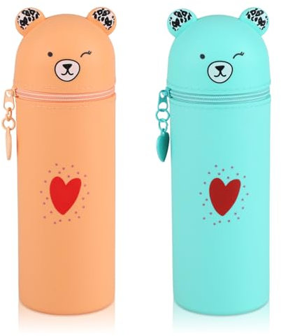 AILUYA 2 Stück Federmäppchen aus Weichem Silikon, 2 In 1 Bär Cartoon Bleistifthalter, 19,5 x 6,3cm Schlampermäppchen und Stifteköcher für Studenten, Jugendliche, Erwachsene (Hellorange, Grün)