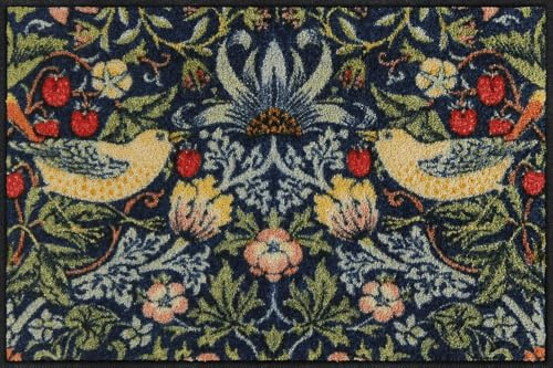 Salonloewe Strawberry Thief Blue I Waschbare Fußmatte in 50 x 75 cm mit Vogel Motiv I Sauberlaufmatte & Schmutzfangmatte für Innenbereich