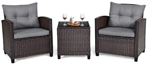 LIFEZEAL Gartenmöbel 3er Set, 2 Rattanstühle & Gartentisch aus PE-Rattan, Sofas & Couchtisch aus gehärtetem Glas, Sitzgruppe mit abnehmbaren Kissen für den Terrassen, Balkon, Garten (Grau)