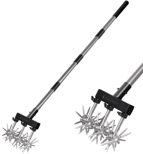 Walensee Herramienta cultivadora de jardín manual ajustable con cuchillas de aluminio inoxidables. Tiller giratorio resistente con ruedas reforzadas, base de nailon ligero y mango telescópico