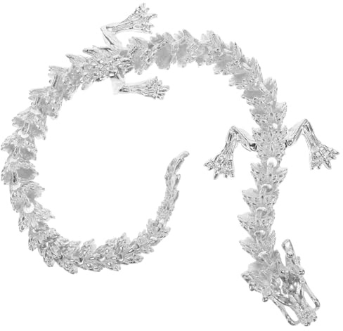 Vaguelly 3D-Drachenfigur Chinesisches Tierkreiszeichen Drache Silber 24 | Silbernes Metall, Bewegliche Gelenke, Für Inneneinrichtung Geeignet, 24.50 X 3.50 X 1.50 cm
