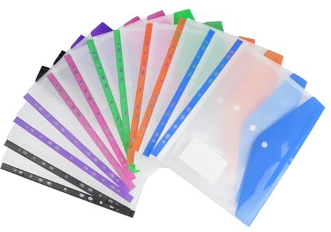 Elalove 12 Buste Trasparenti A4 con Anelli, Cartelline Portadocumenti Espandibili, 6 Colori per Classificazione, Impermeabili e Resistenti, Ideali per Ufficio, Scuola e Casa (24.5 x 31 cm)